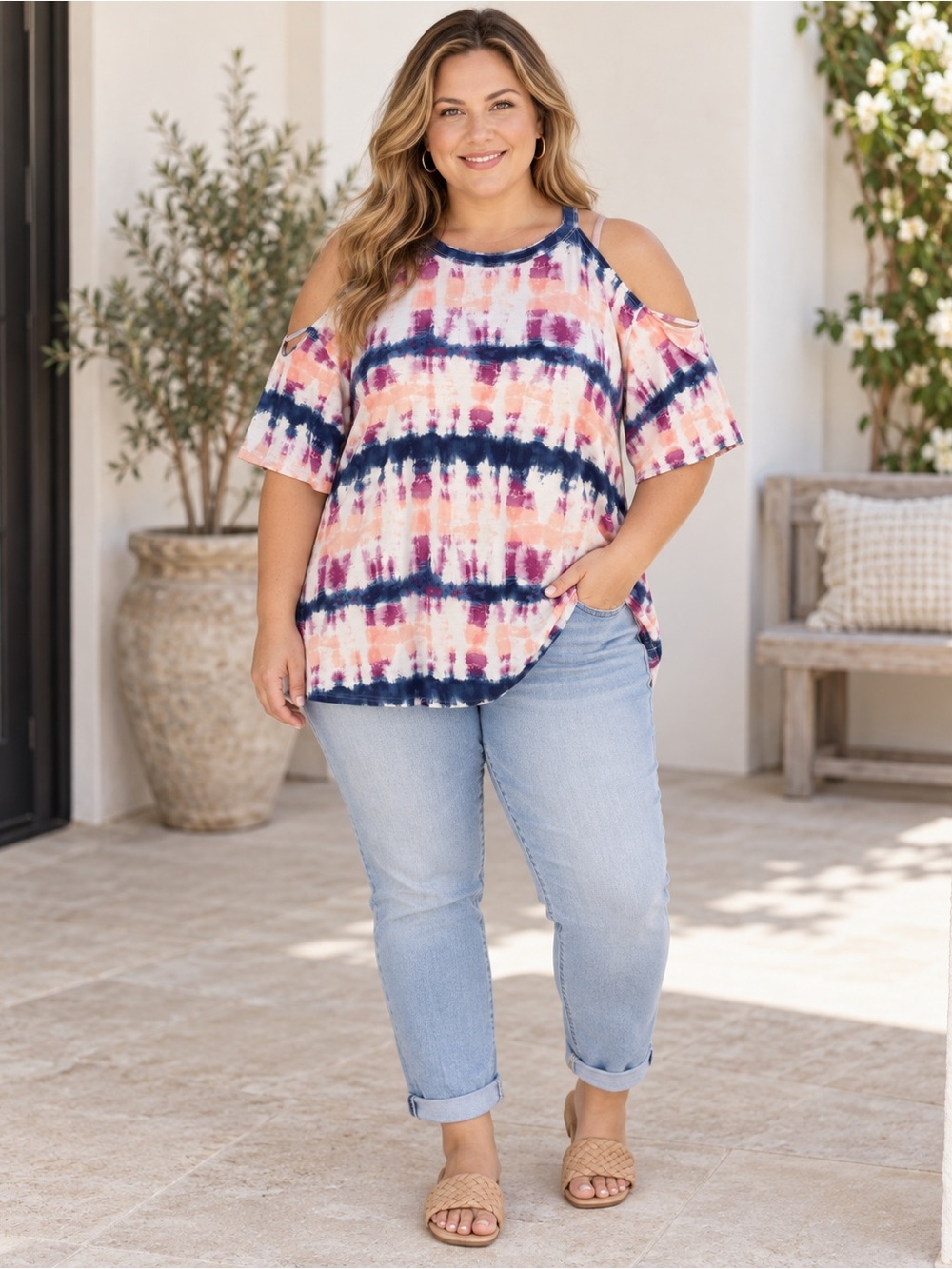 Live Well Active Tie Dye Cold Shoulder Top 18W 20W Peach Navy Boho